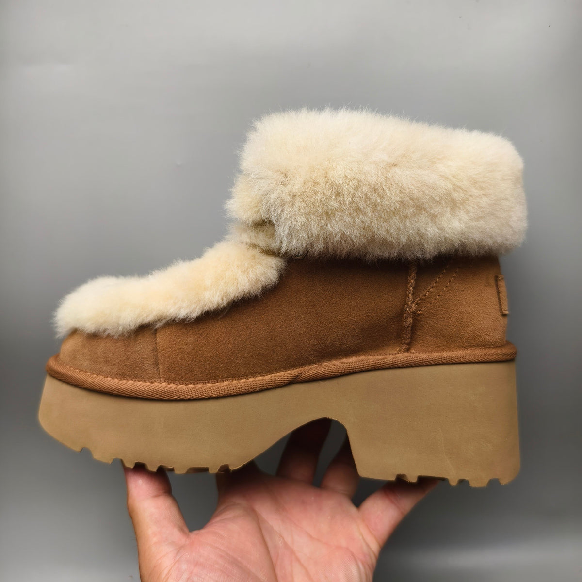 Chestnut Esme Lace-Up Wedge Ankle Boots with Fluffy Trim – 1532