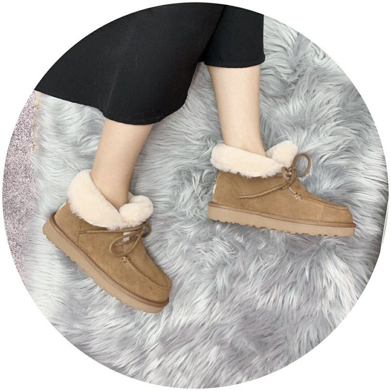 Chestnut Lace-Up Ankle Boots with Turned-Out Fluffy Trim – 3090