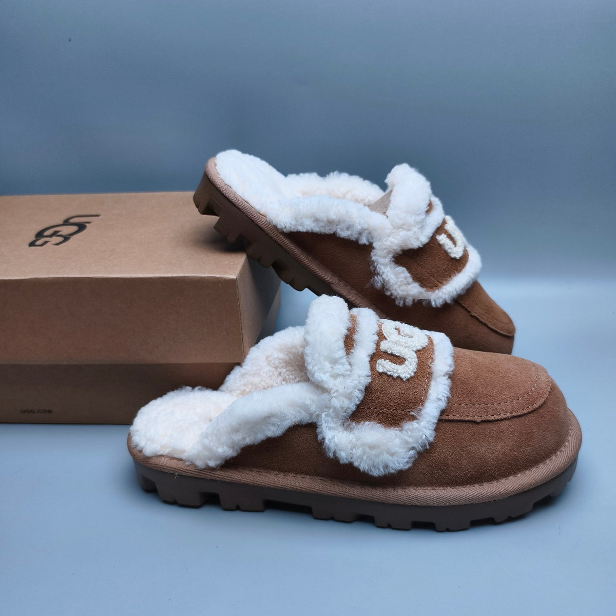 Chestnut Curly Plush Slippers with Oversized Logo – Style 1206