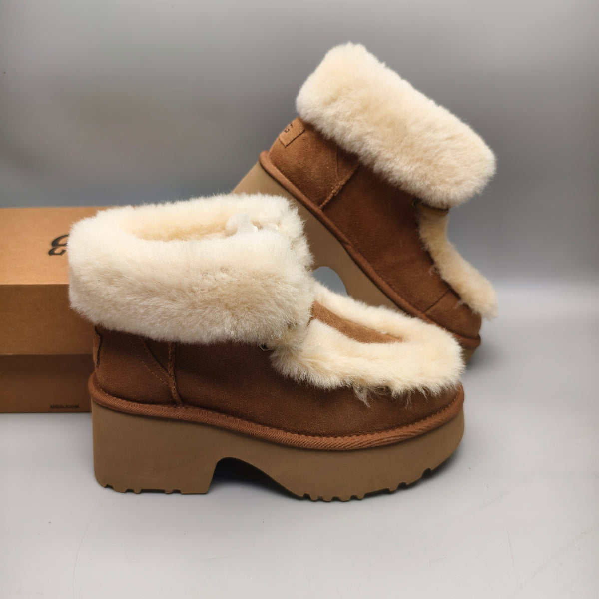 Chestnut Esme Lace-Up Wedge Ankle Boots with Fluffy Trim – 1532