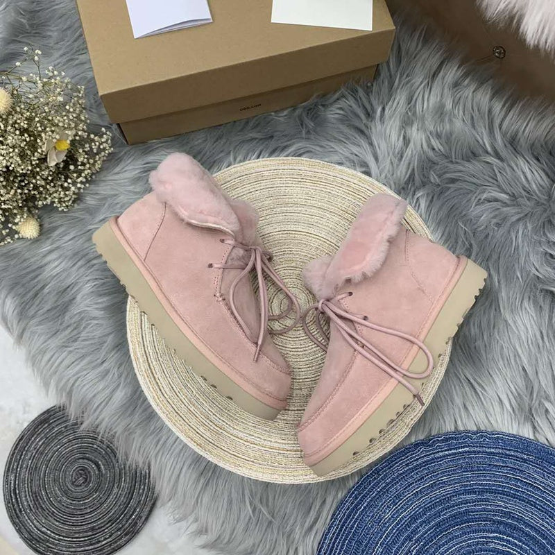 Pink Lace-Up Ankle Boots with Turned-Out Fluffy Trim – 3090