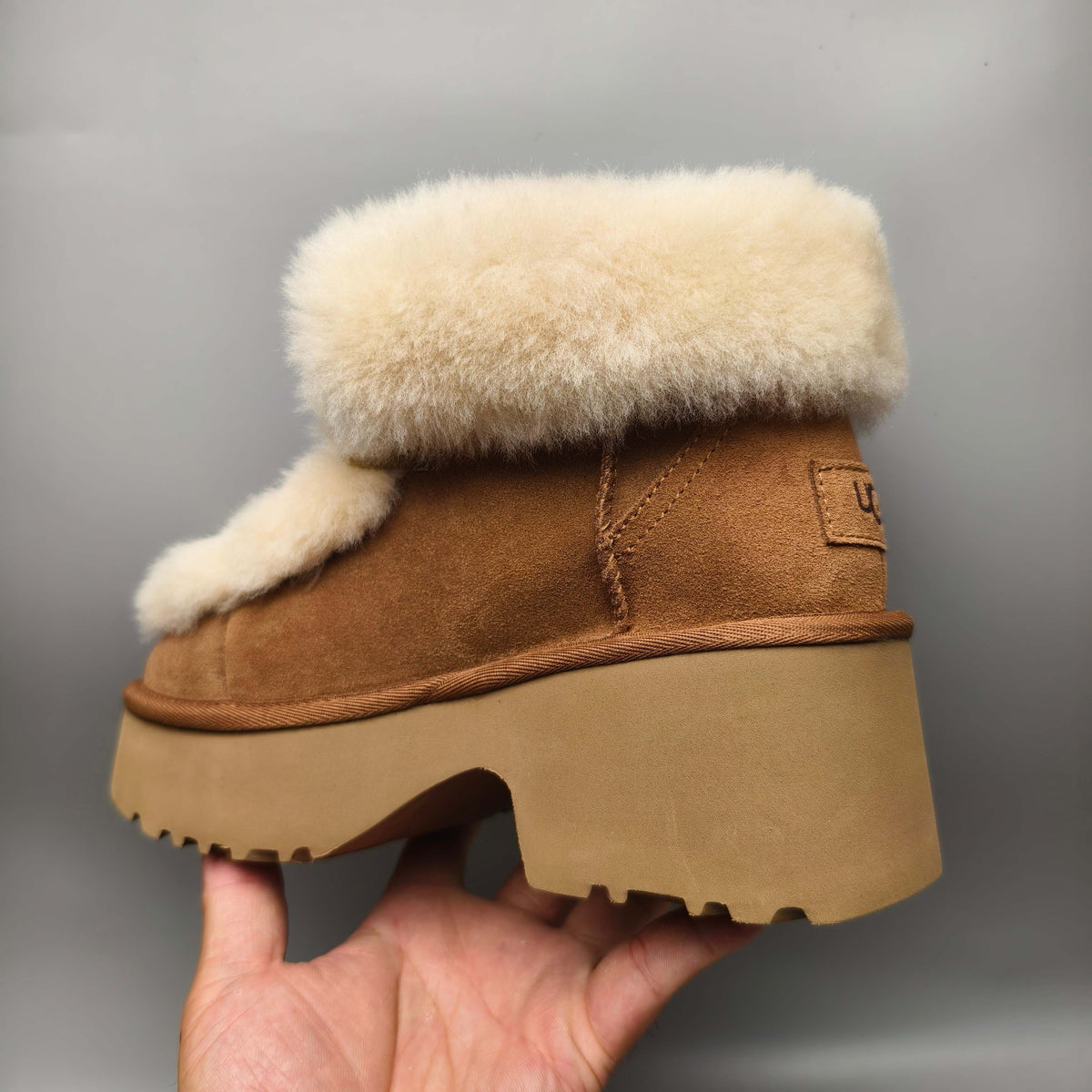 Chestnut Esme Lace-Up Wedge Ankle Boots with Fluffy Trim – 1532