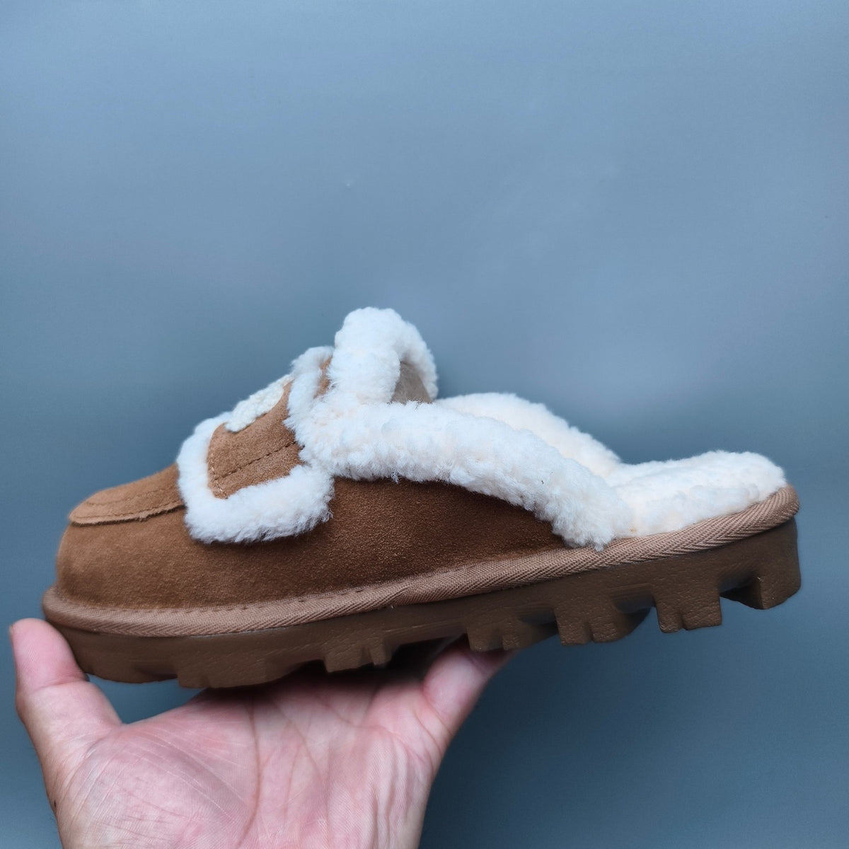 Chestnut Curly Plush Slippers with Oversized Logo – Style 1206