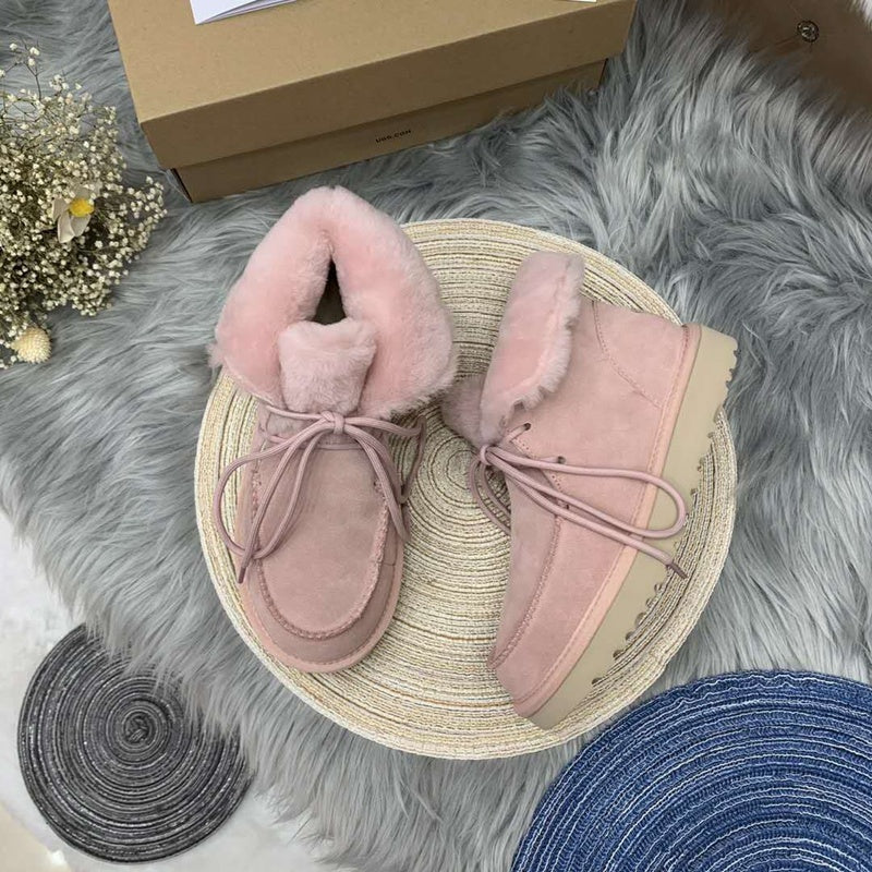 Pink Lace-Up Ankle Boots with Turned-Out Fluffy Trim – 3090
