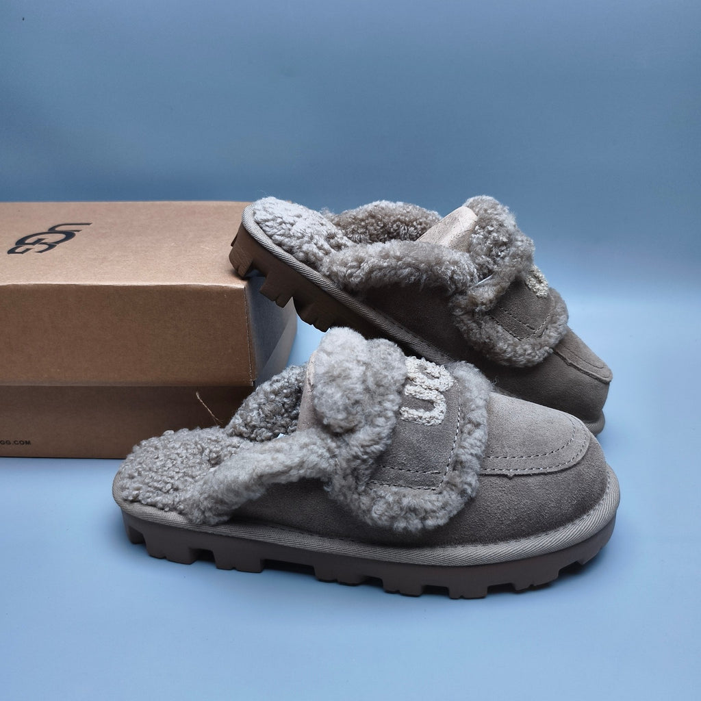 Antelope Brown Curly Plush Slippers with Oversized Logo – Style 1206