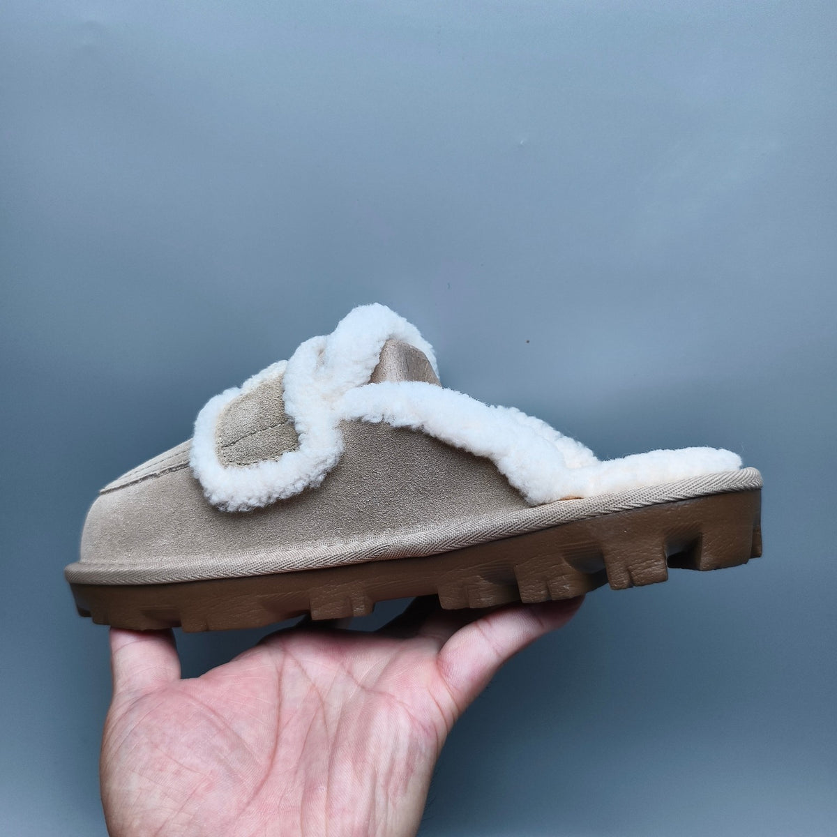 Sand Curly Plush Slippers with Oversized Logo – Style 1206