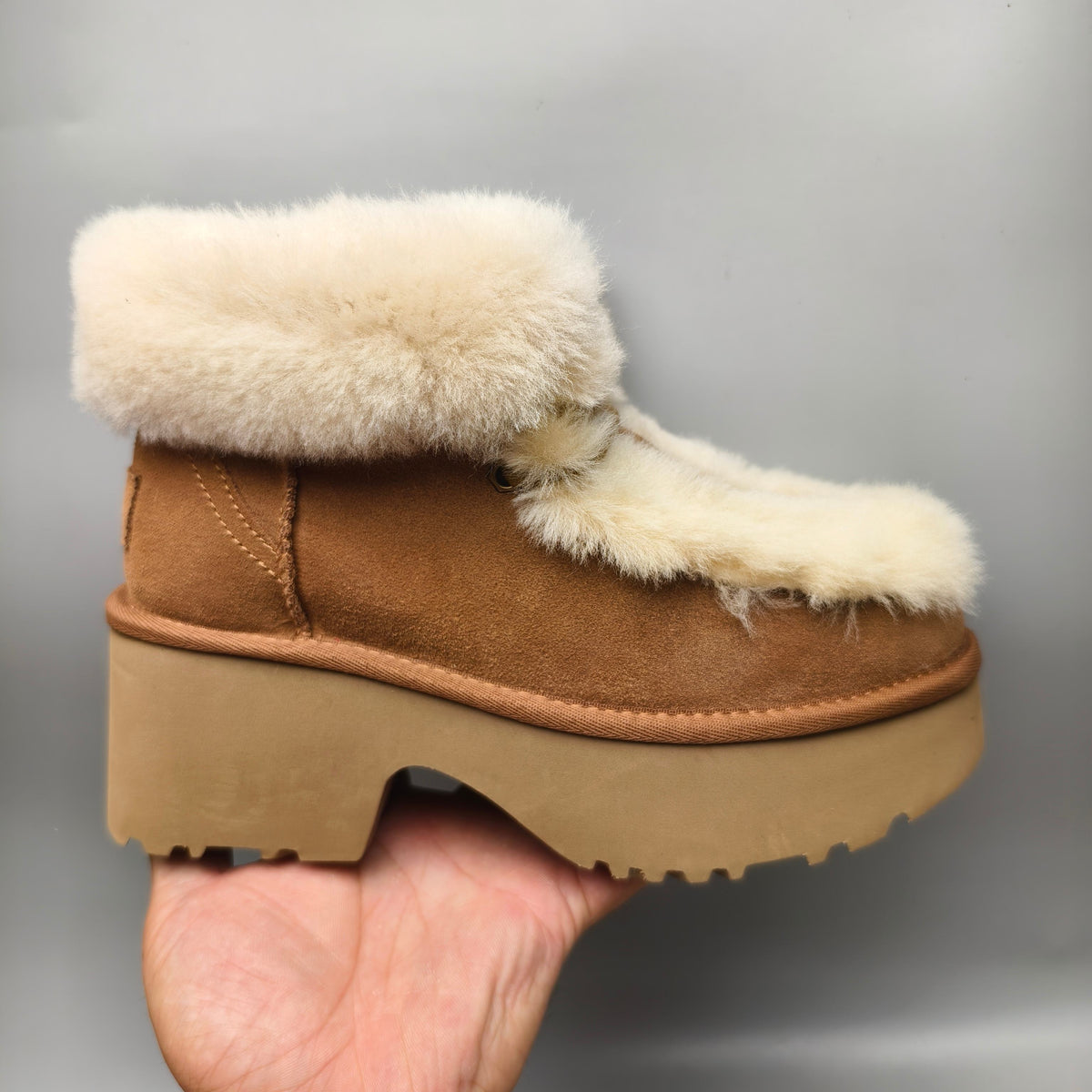 Chestnut Esme Lace-Up Wedge Ankle Boots with Fluffy Trim – 1532