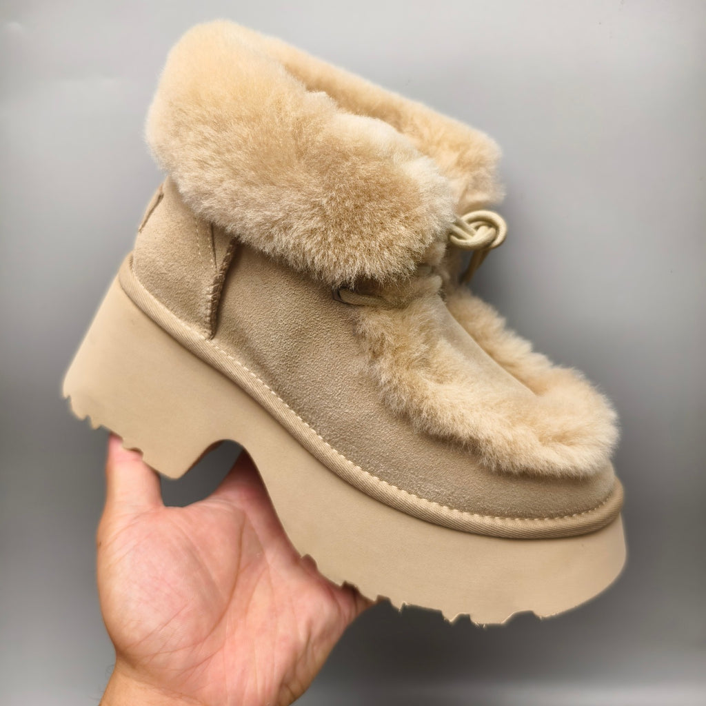 Mustard Esme Lace-Up Wedge Ankle Boots with Fluffy Trim – 1532
