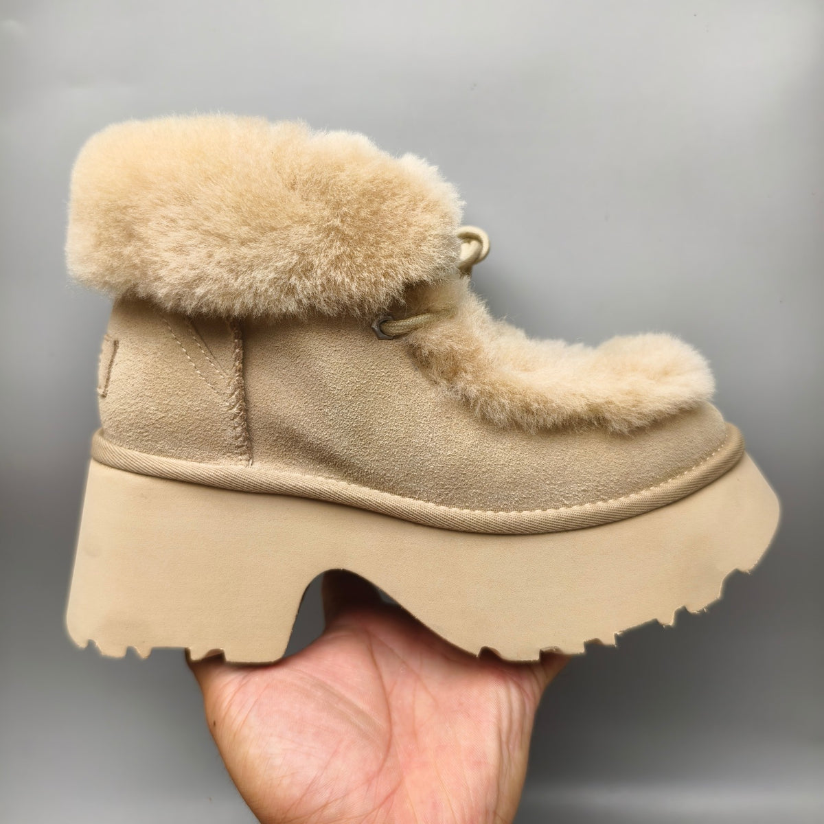 Mustard Esme Lace-Up Wedge Ankle Boots with Fluffy Trim – 1532