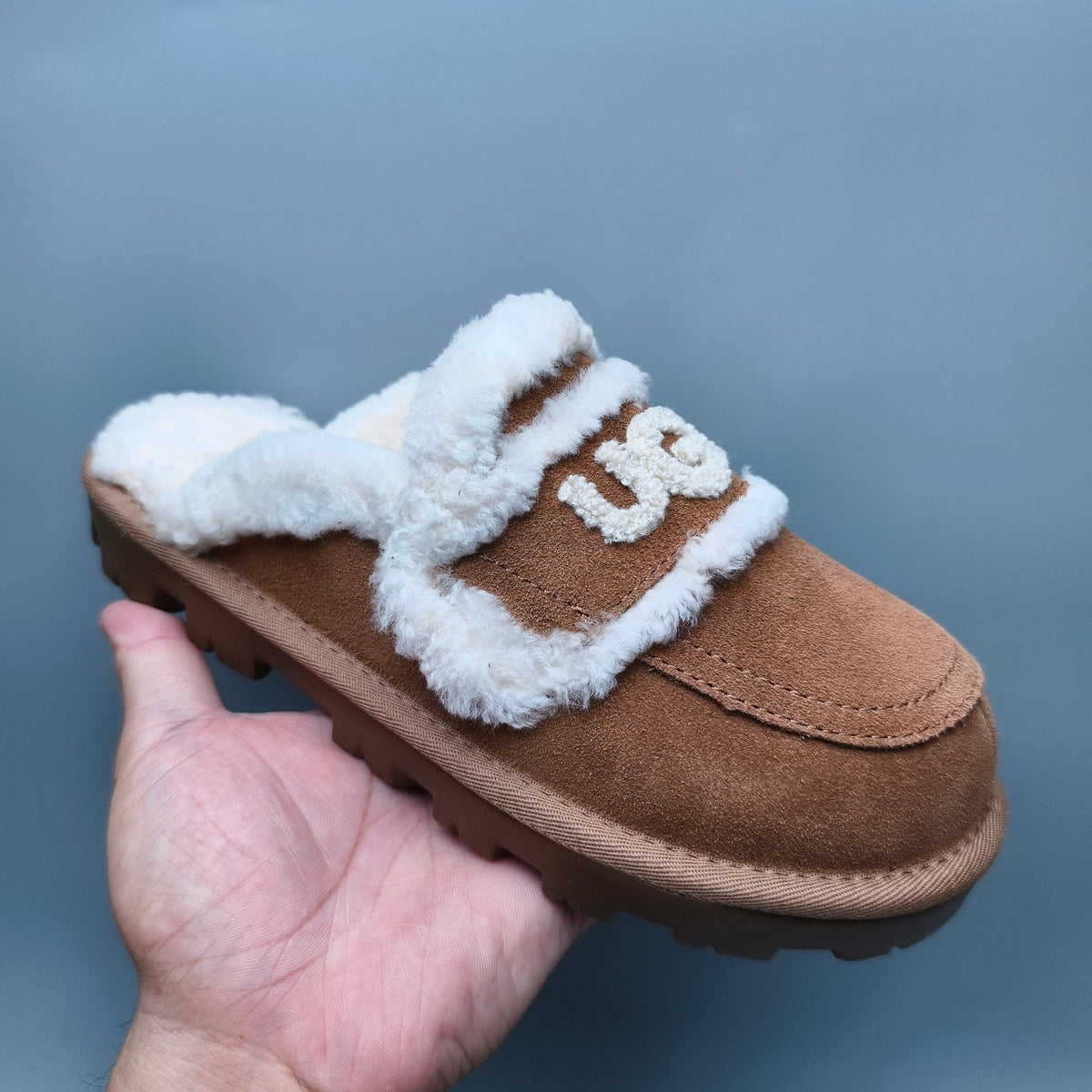 Chestnut Curly Plush Slippers with Oversized Logo – Style 1206