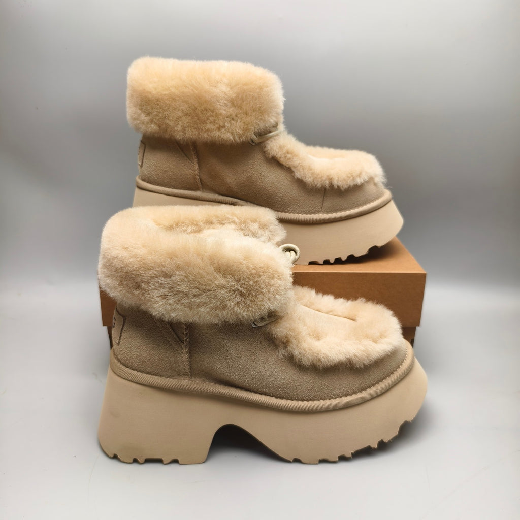 Mustard Esme Lace-Up Wedge Ankle Boots with Fluffy Trim – 1532
