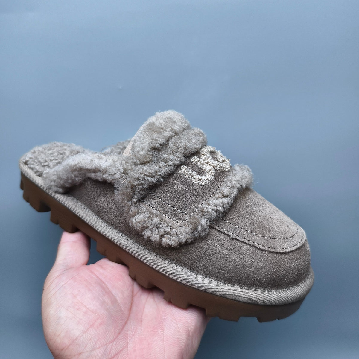 Antelope Brown Curly Plush Slippers with Oversized Logo – Style 1206