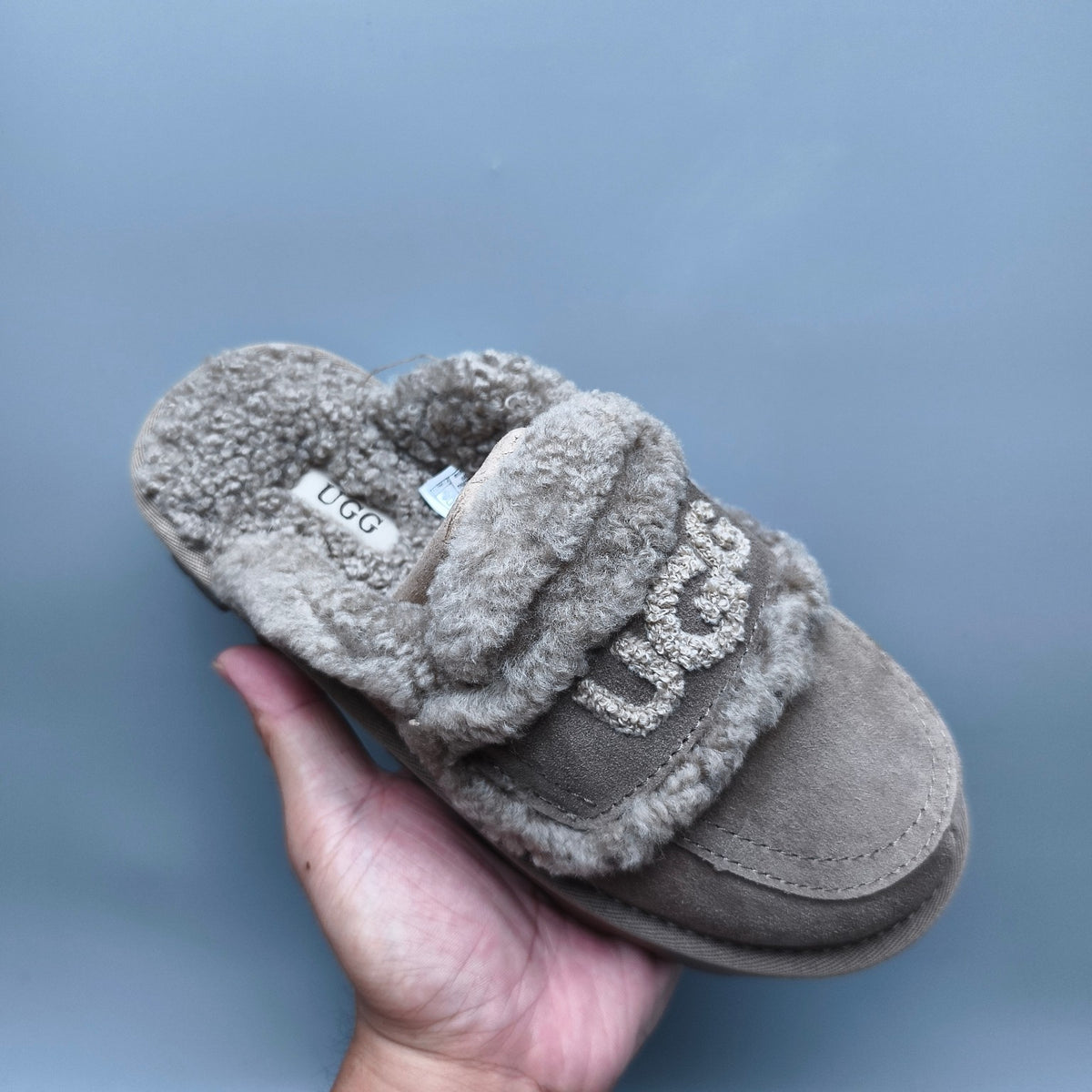 Antelope Brown Curly Plush Slippers with Oversized Logo – Style 1206