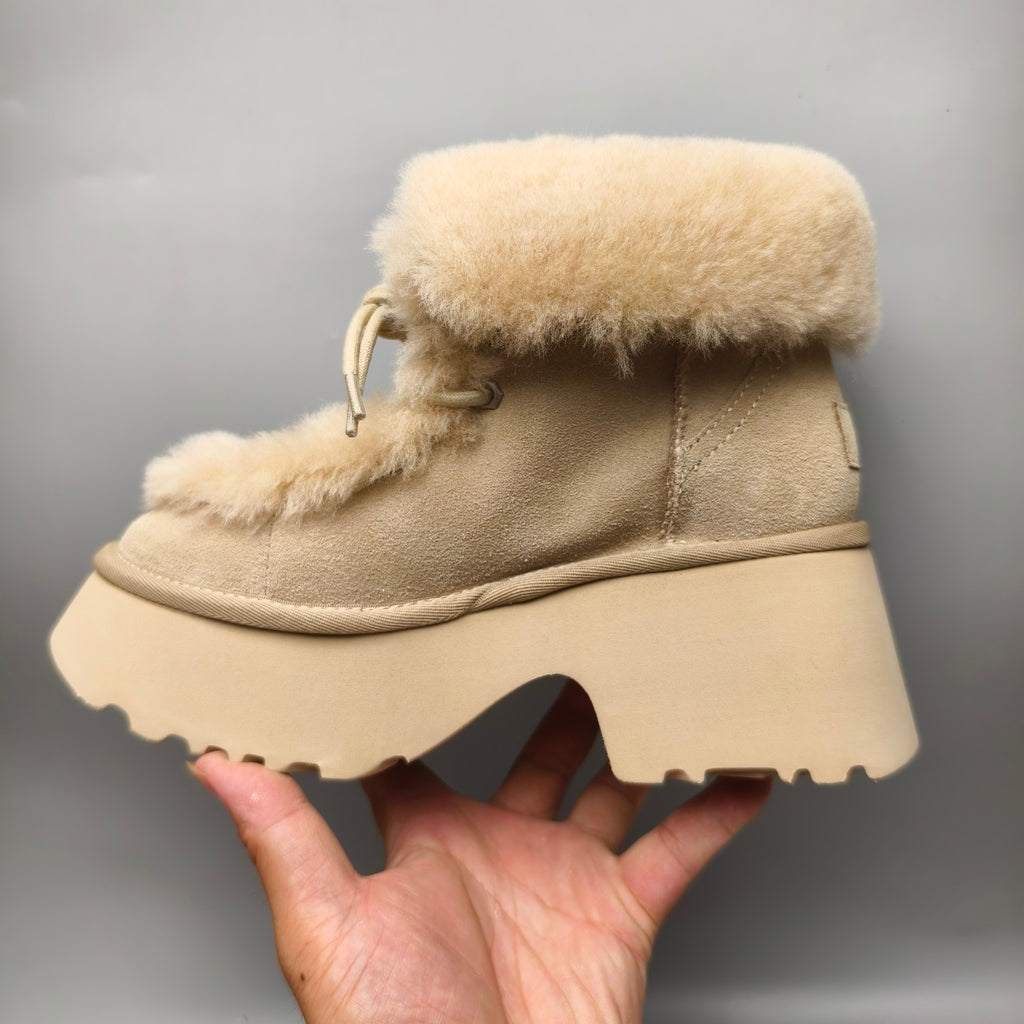 Mustard Esme Lace-Up Wedge Ankle Boots with Fluffy Trim – 1532