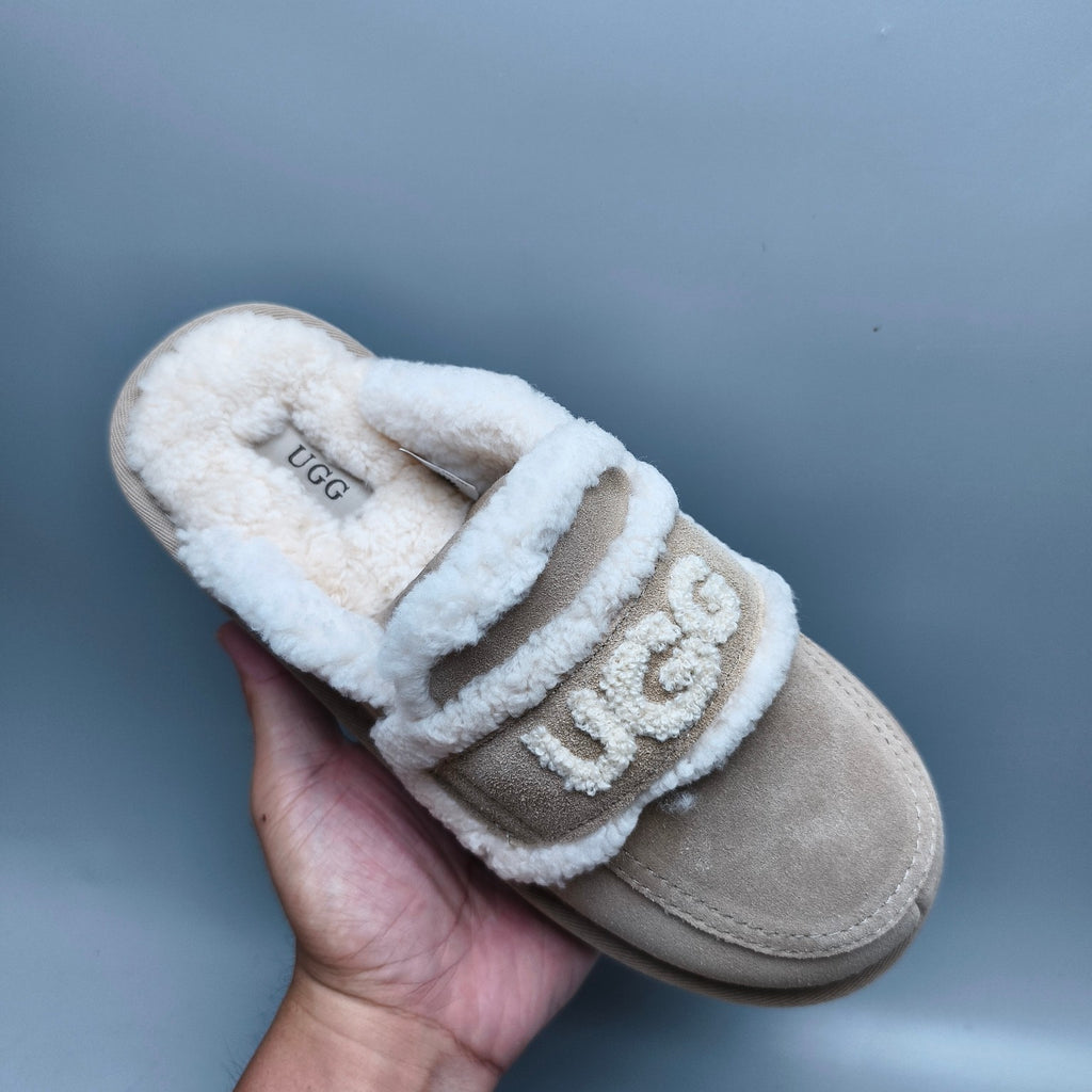 Sand Curly Plush Slippers with Oversized Logo – Style 1206