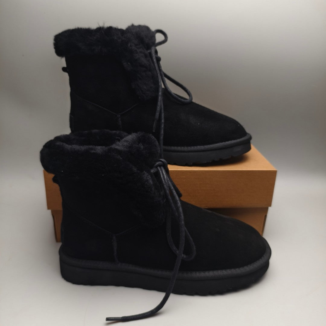 Black Lace-Up Mid-Calf Casual Boots – Style 4576