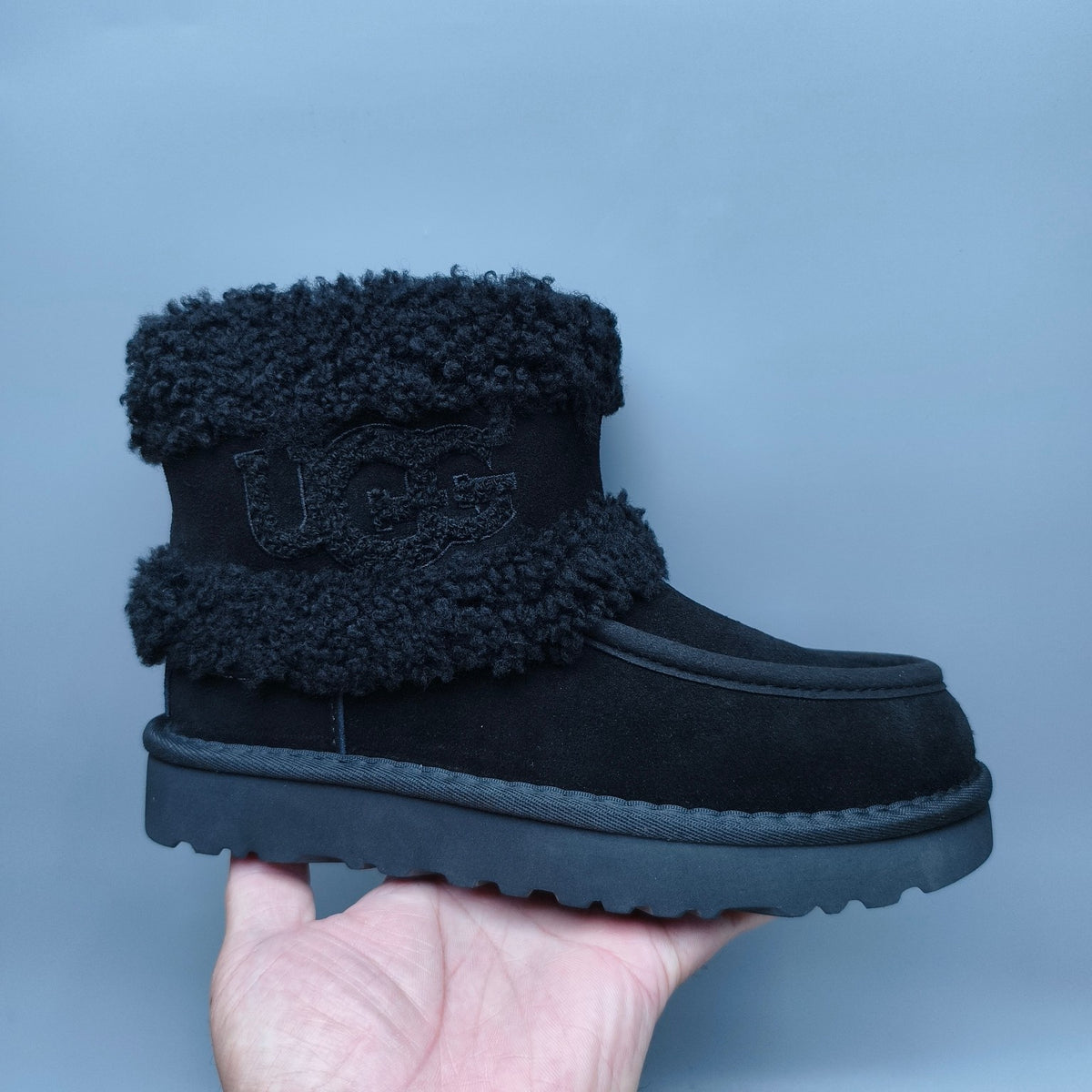Black Curly-Texture Mid-Top Boots with Oversized Logo | 5410