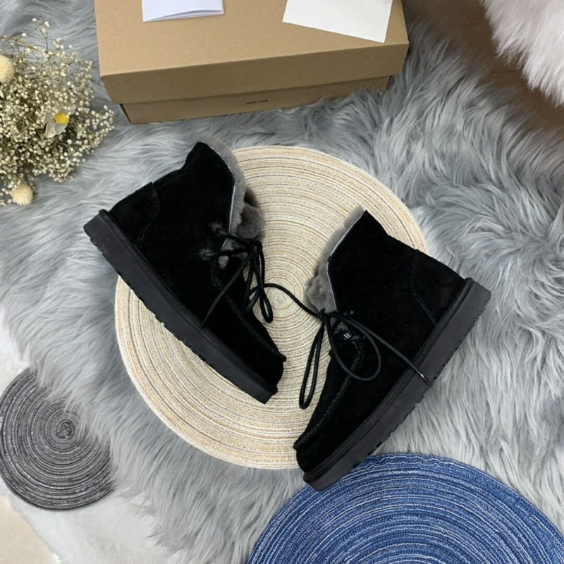 Black Lace-Up Ankle Boots with Turned-Out Fluffy Trim – 3090