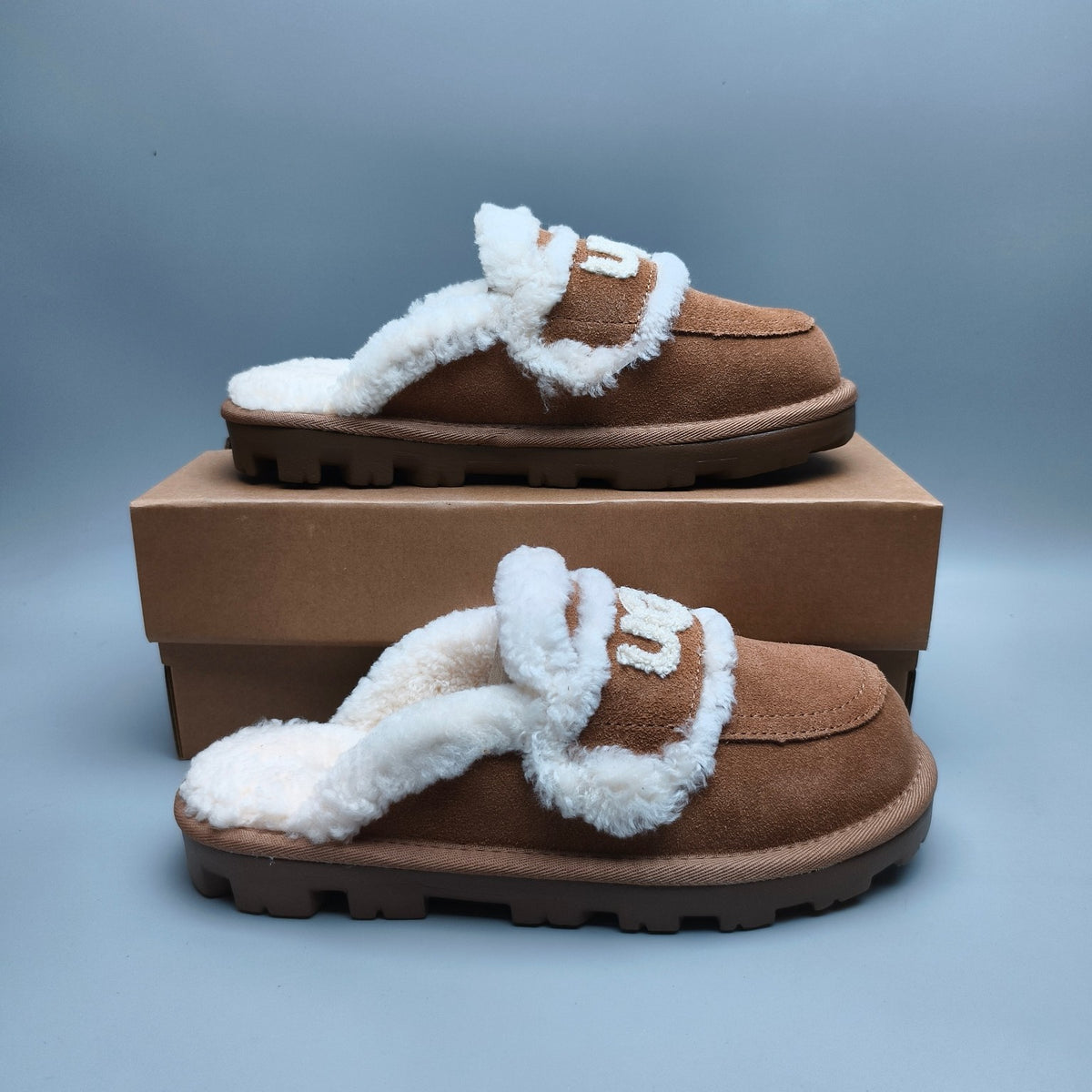Chestnut Curly Plush Slippers with Oversized Logo – Style 1206