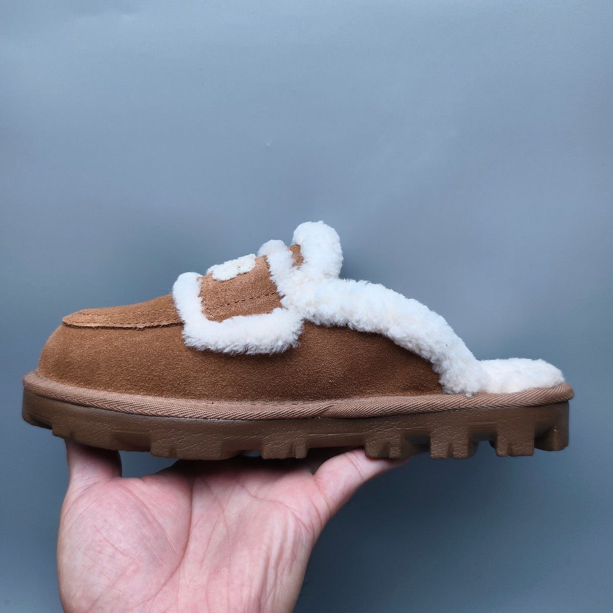 Chestnut Curly Plush Slippers with Oversized Logo – Style 1206