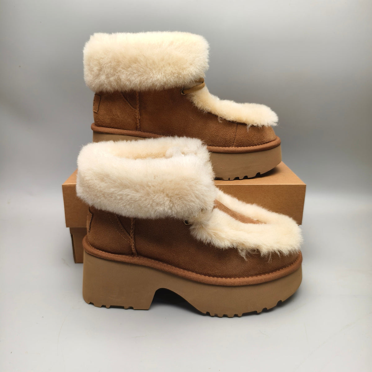 Chestnut Esme Lace-Up Wedge Ankle Boots with Fluffy Trim – 1532