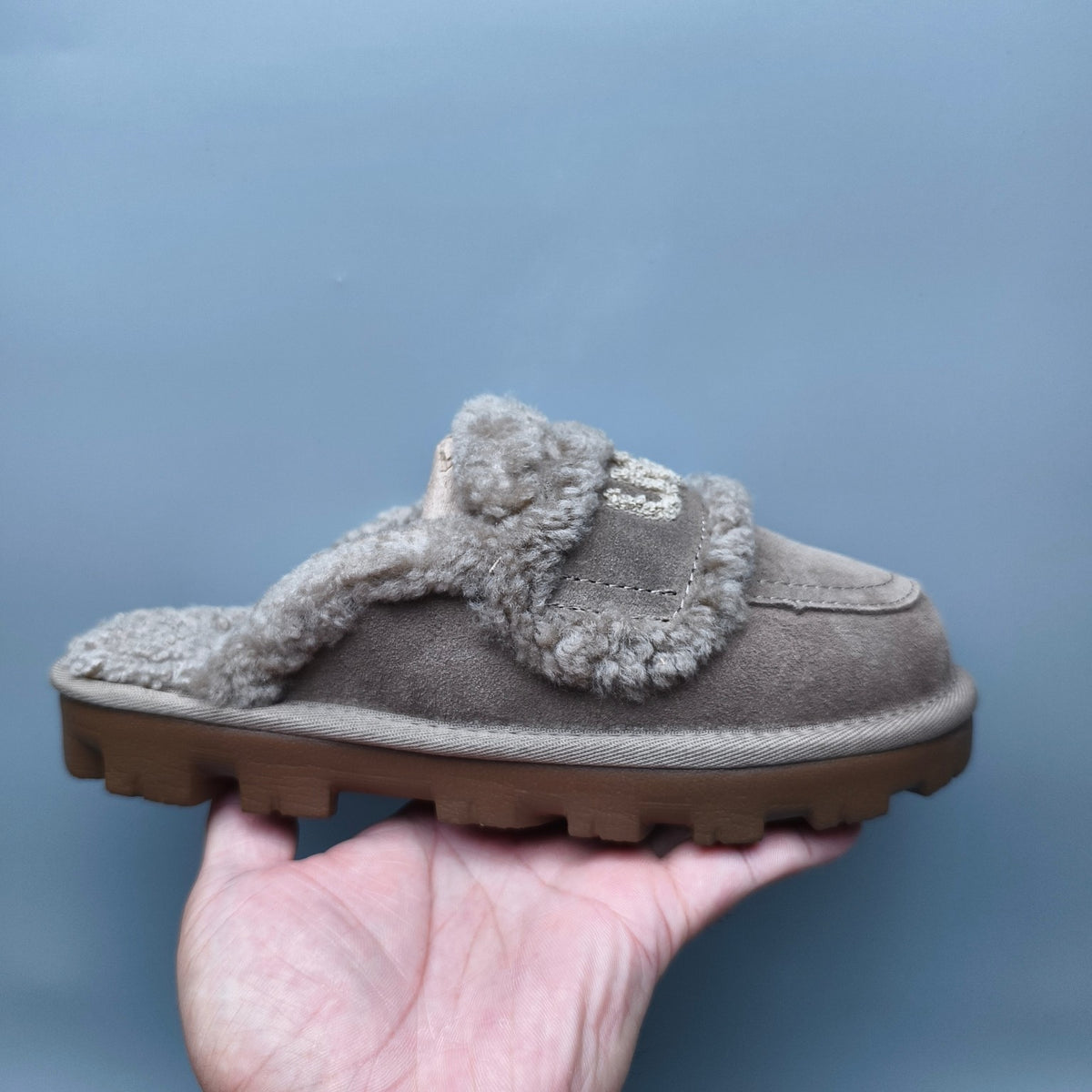 Antelope Brown Curly Plush Slippers with Oversized Logo – Style 1206