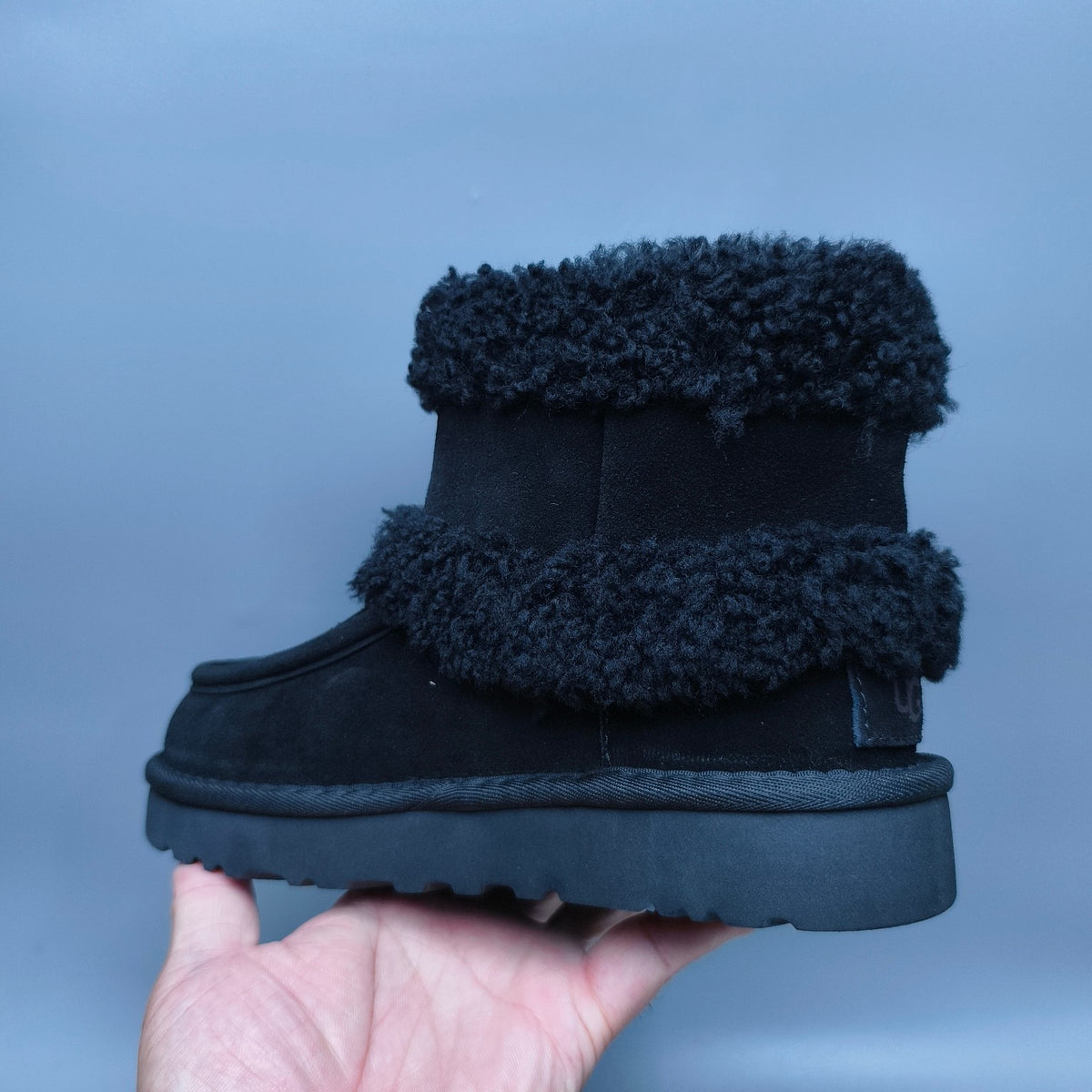 Black Curly-Texture Mid-Top Boots with Oversized Logo | 5410