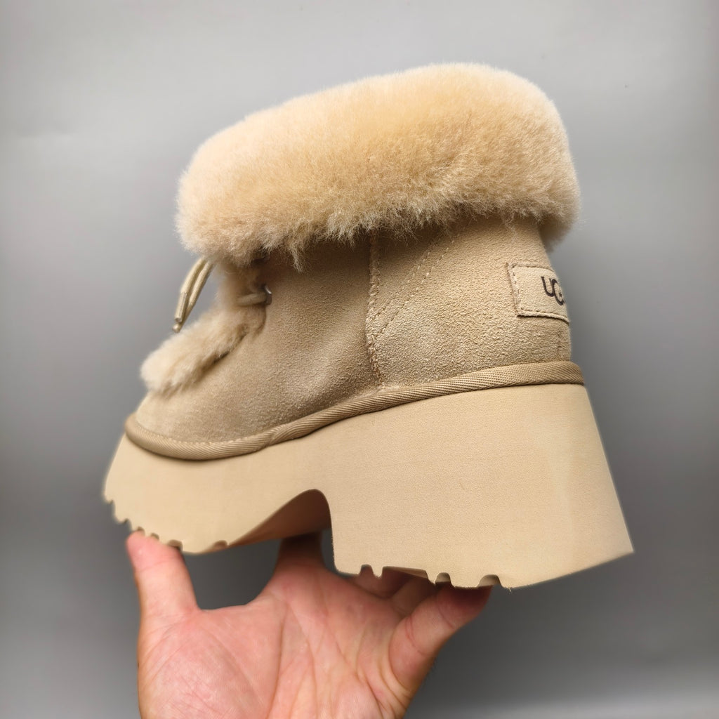 Mustard Esme Lace-Up Wedge Ankle Boots with Fluffy Trim – 1532