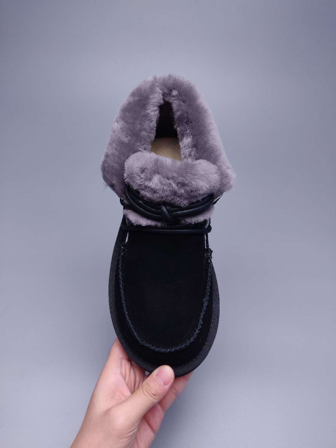 Black Lace-Up Ankle Boots with Turned-Out Fluffy Trim – 3090