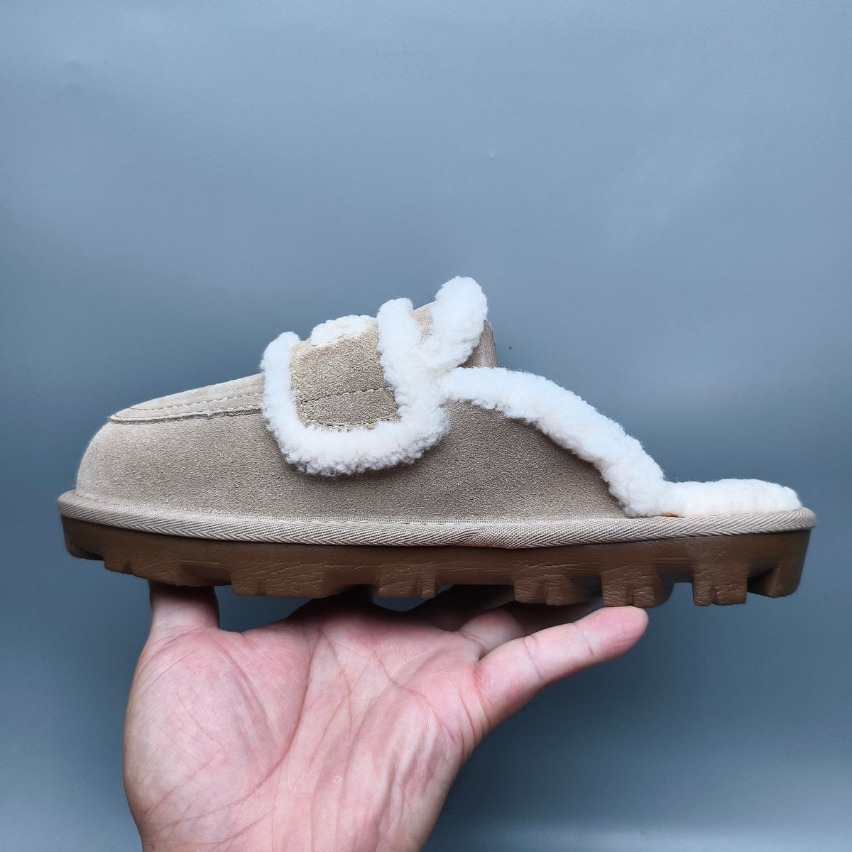 Sand Curly Plush Slippers with Oversized Logo – Style 1206