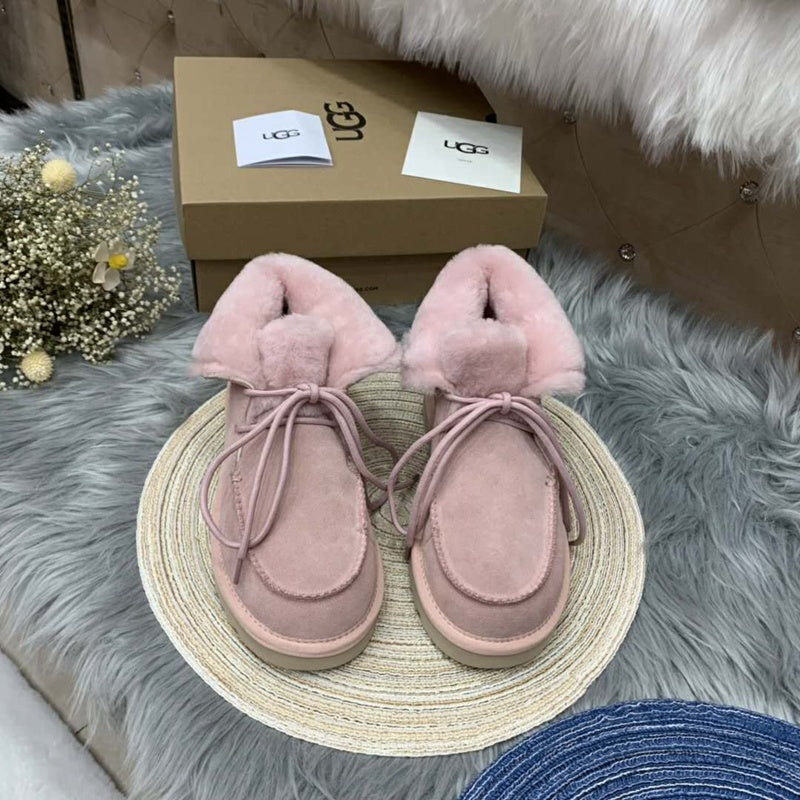 Pink Lace-Up Ankle Boots with Turned-Out Fluffy Trim – 3090