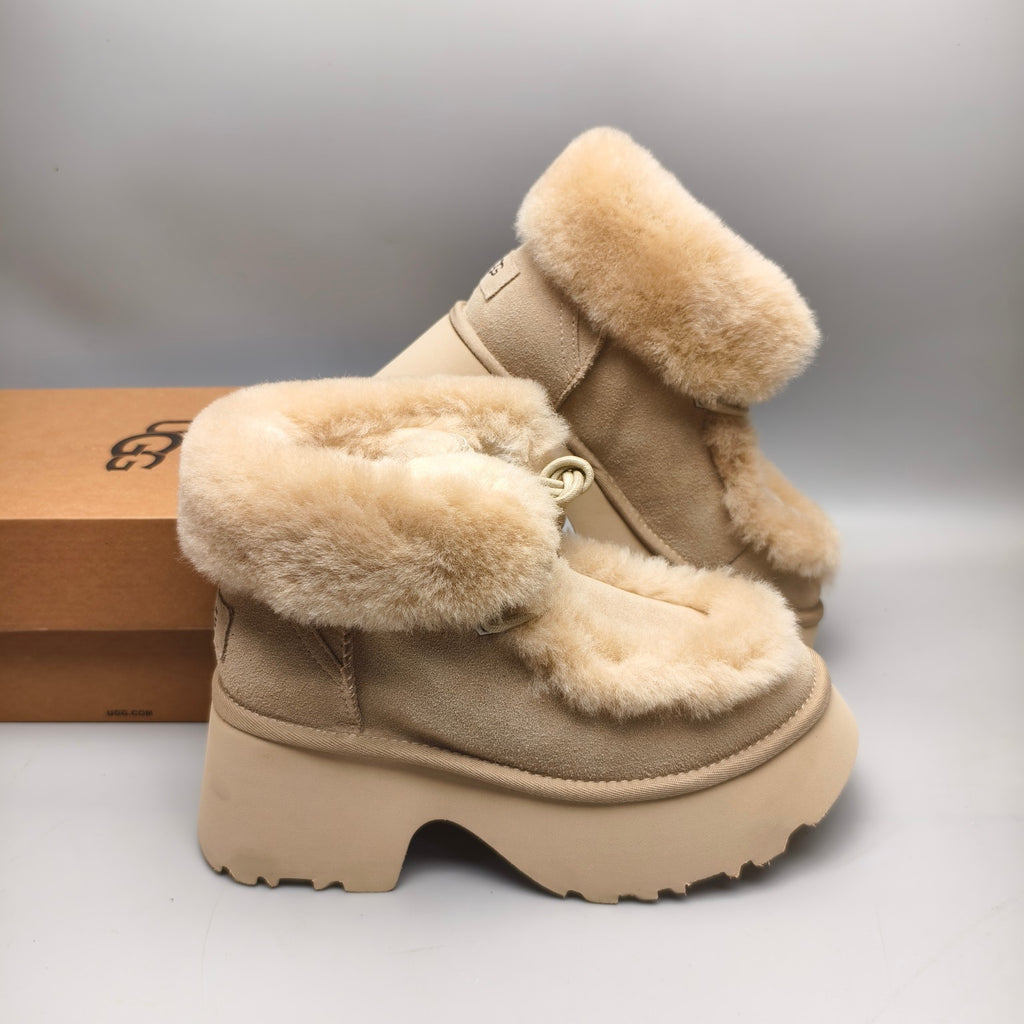 Mustard Esme Lace-Up Wedge Ankle Boots with Fluffy Trim – 1532
