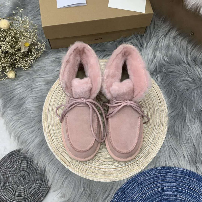 Pink Lace-Up Ankle Boots with Turned-Out Fluffy Trim – 3090