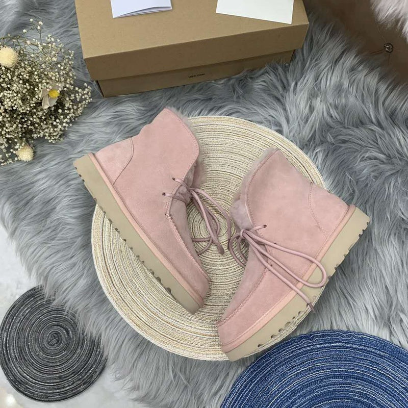 Pink Lace-Up Ankle Boots with Turned-Out Fluffy Trim – 3090